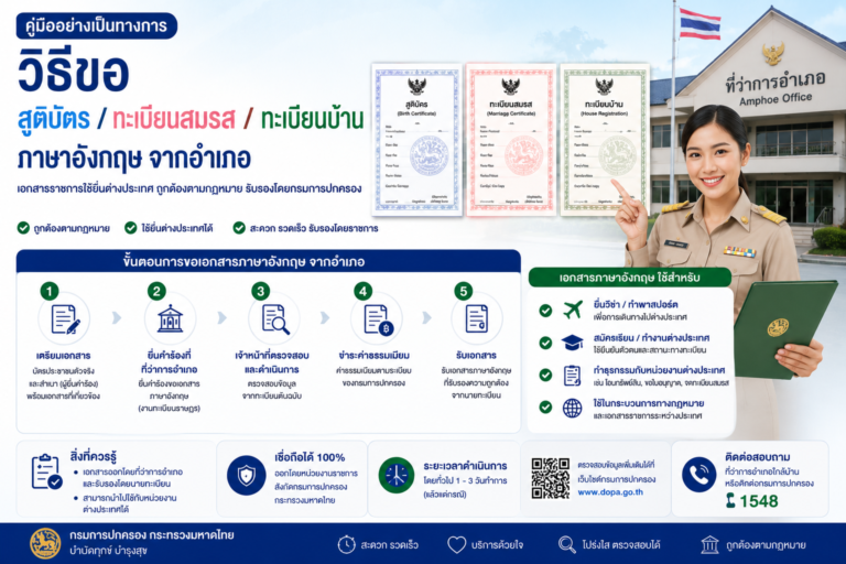วิธีขอสูติบัตร/ทะเบียนสมรส/ทะเบียนบ้าน ภาษาอังกฤษ จากอำเภอ