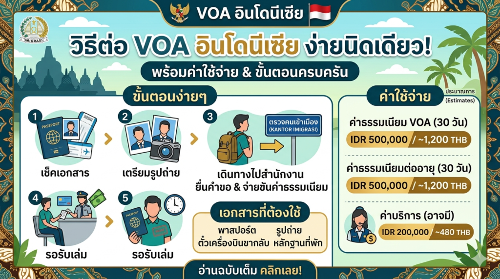 VOA อินโดนีเซียต่อได้ไหม? วิธีต่อวีซ่าแบบง่าย พร้อมค่าใช้จ่าย
