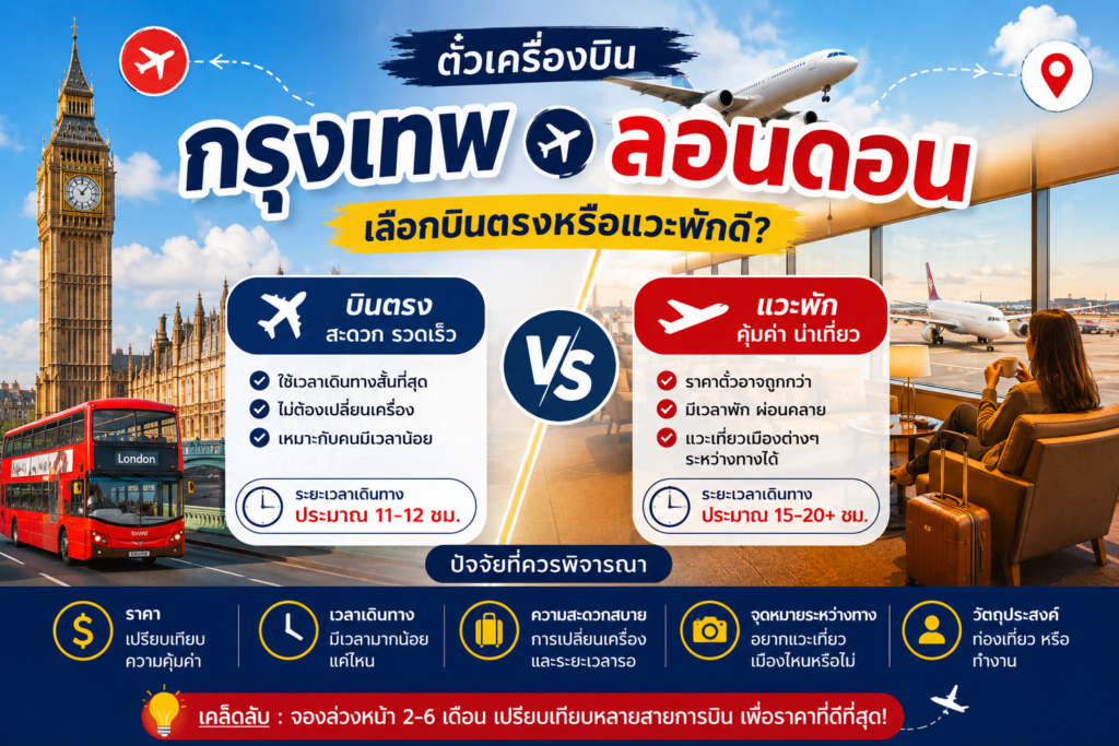 ตั๋วเครื่องบินกรุงเทพ ลอนดอน เลือกบินตรงหรือแวะพักดี