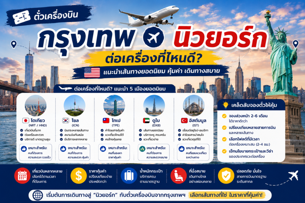 ตั๋วเครื่องบินกรุงเทพ นิวยอร์ก ต่อเครื่องที่ไหนดี