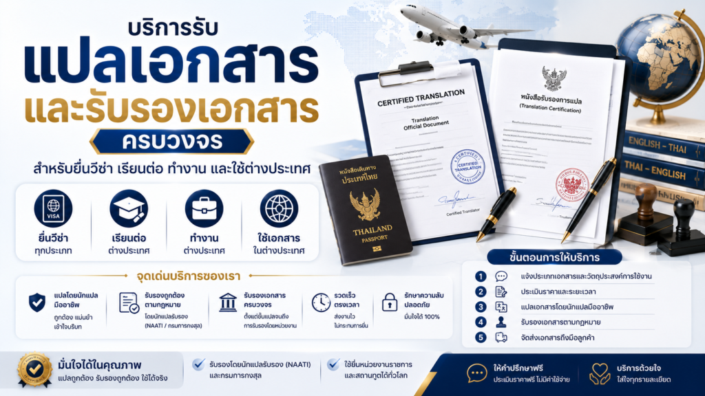บริการรับแปลเอกสารและรับรองเอกสารครบวงจร สำหรับยื่นวีซ่า เรียนต่อ ทำงาน และใช้ต่างประเทศ