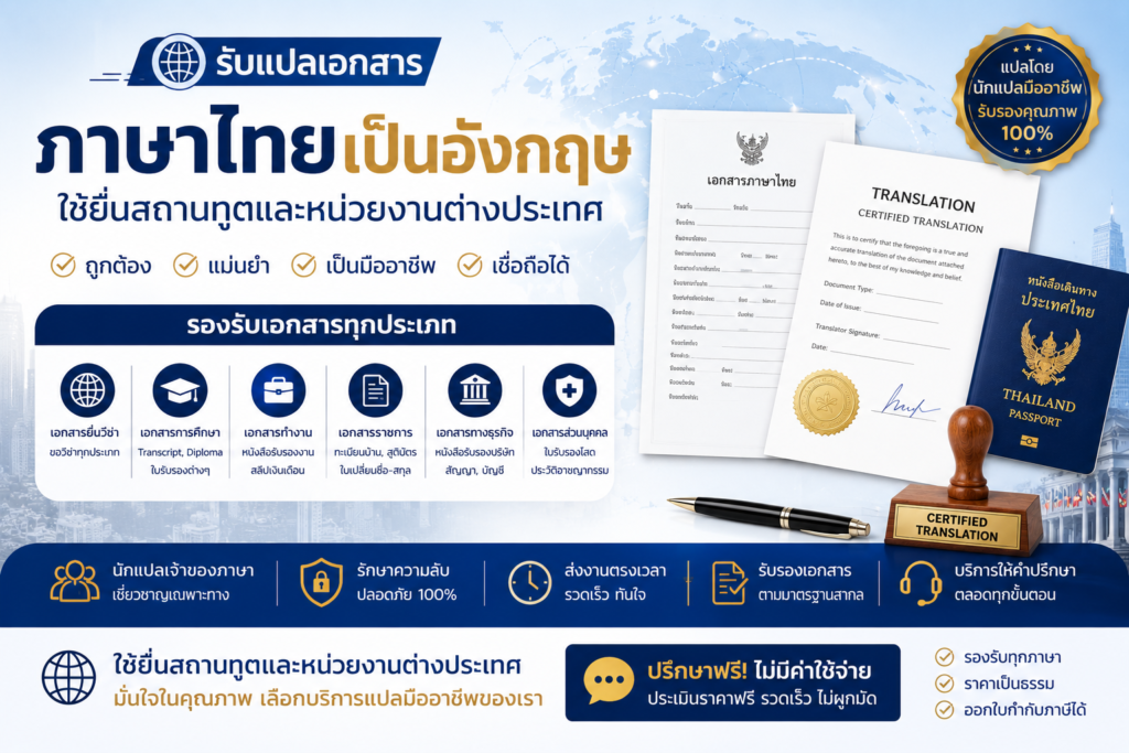 รับแปลเอกสารภาษาไทยเป็นอังกฤษ ใช้ยื่นสถานทูตและหน่วยงานต่างประเทศ