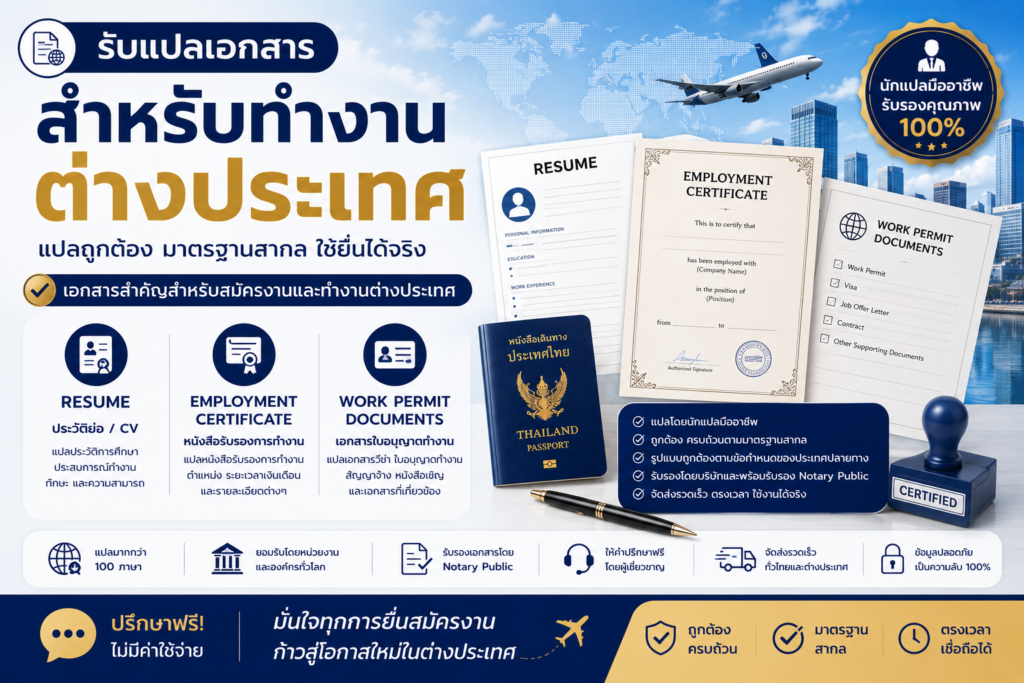 รับแปลเอกสารสำหรับทำงานต่างประเทศ Resume, Employment Certificate, Work Permit Documents