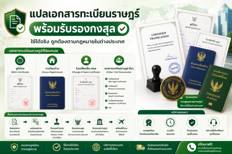 แปลเอกสารทะเบียนราษฎร์พร้อมรับรองกงสุล เช่น สูติบัตร ทะเบียนบ้าน ใบเปลี่ยนชื่อ