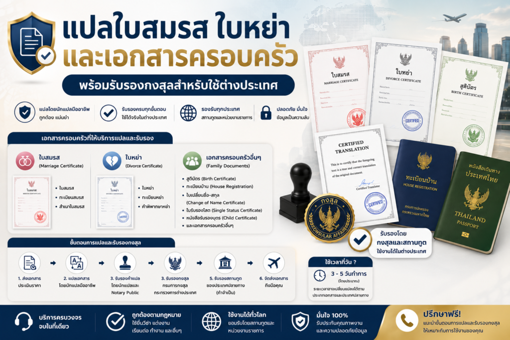 แปลใบสมรส ใบหย่า และเอกสารครอบครัว พร้อมรับรองกงสุลสำหรับใช้ต่างประเทศ