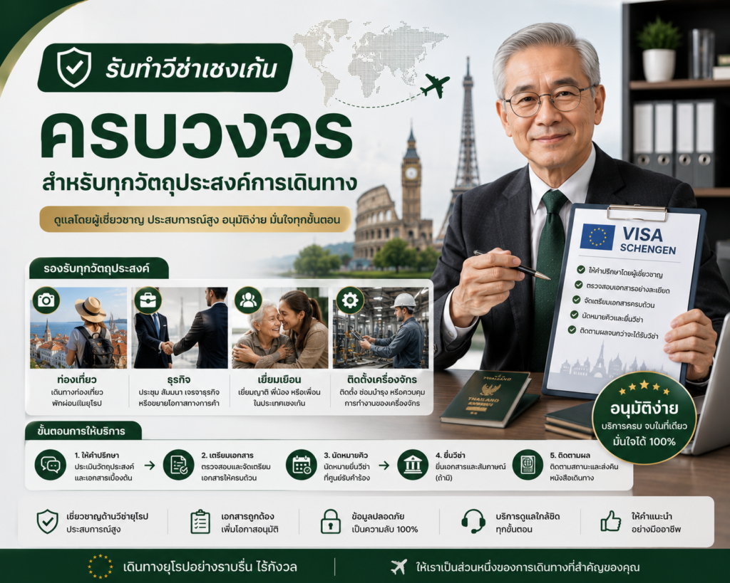รับทำวีซ่าเชงเก้นครบวงจร สำหรับท่องเที่ยว ธุรกิจ เยี่ยมเยือน และติดตั้งเครื่องจักร