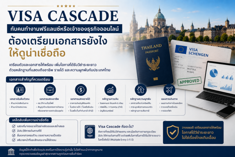 Visa Cascade กับคนทำงานฟรีแลนซ์หรือเจ้าของธุรกิจออนไลน์ ต้องเตรียมเอกสารอย่างไรให้ดูน่าเชื่อถือ? รวมเทคนิคแสดงรายได้ หลักฐานงาน เอกสารการเงิน และความผูกพันกับประเทศไทย เพื่อเพิ่มโอกาสได้รับวีซ่าเชงเกนระยะยาวอย่างมั่นใจ