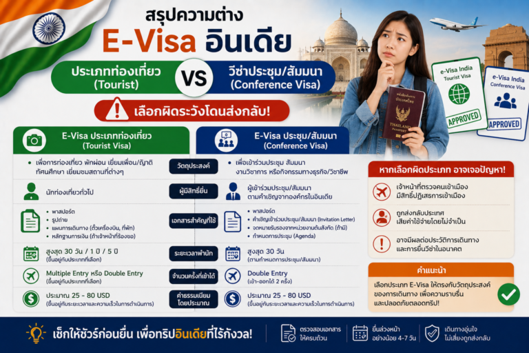สรุปความต่าง: E-Visa อินเดียประเภทท่องเที่ยว (Tourist) กับ วีซ่าประชุม/สัมมนา (Conference Visa) เลือกผิดระวังโดนส่งกลับ!