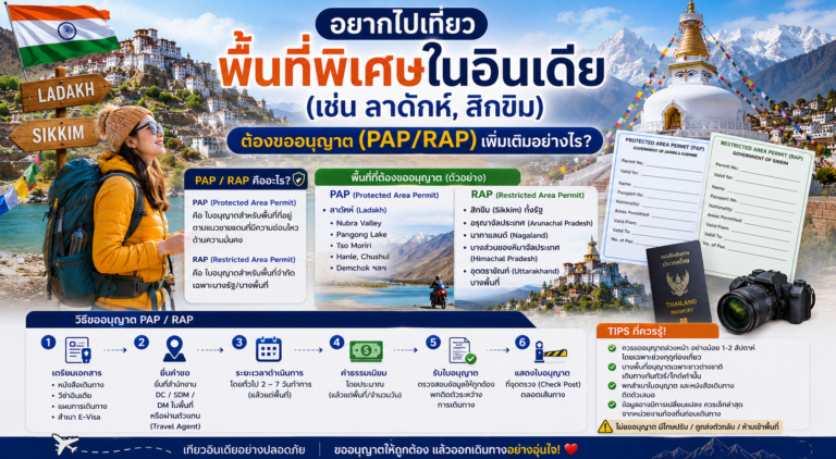 อยากไปเที่ยวพื้นที่พิเศษในอินเดีย (เช่น ลาดักห์, สิกขิม) ต้องขออนุญาต (PAP/RAP) เพิ่มเติมอย่างไร?