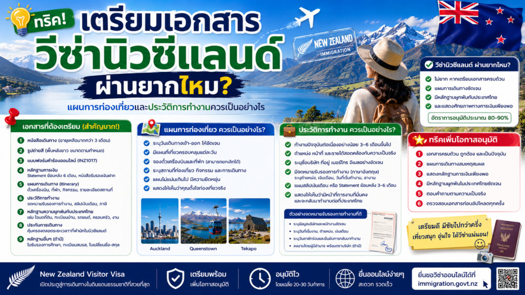 ทริคเตรียมเอกสารวีซ่านิวซีแลนด์ผ่านยากไหม แผนการท่องเที่ยวและประวัติการทำงานควรเป็นอย่างไร