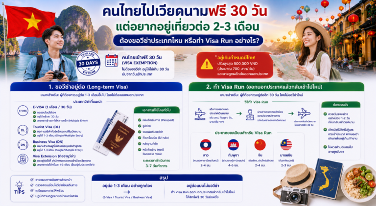 คนไทยไปเวียดนามฟรี 30 วัน แต่อยากอยู่เที่ยวต่อ 2-3 เดือน ต้องขอวีซ่าประเภทไหน หรือทำ Visa Run อย่างไร? คนไทยไปเวียดนามฟรี 30 วัน แต่อยากอยู่เที่ยวต่อ 2-3 เดือน ต้องขอวีซ่าประเภทไหน หรือทำ Visa Run อย่างไร?