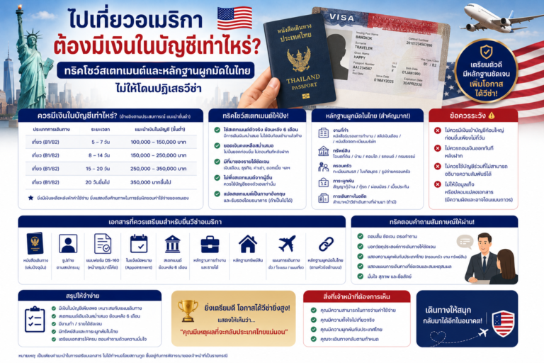 ไปเที่ยวอเมริกาต้องมีเงินในบัญชีเท่าไหร่ ทริคโชว์สเตทเมนต์และหลักฐานผูกมัดในไทยไม่ให้โดนปฏิเสธวีซ่า