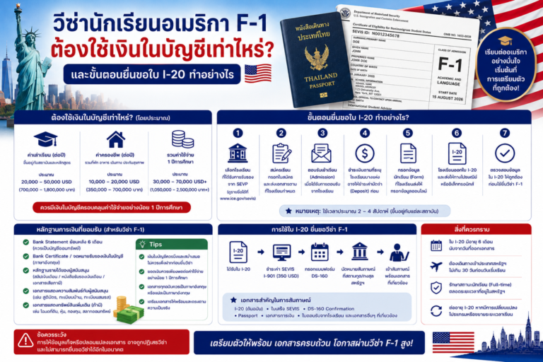 วีซ่านักเรียนอเมริกา F-1 ต้องใช้เงินในบัญชีเท่าไหร่ และขั้นตอนยื่นขอใบ I-20 ทำอย่างไร