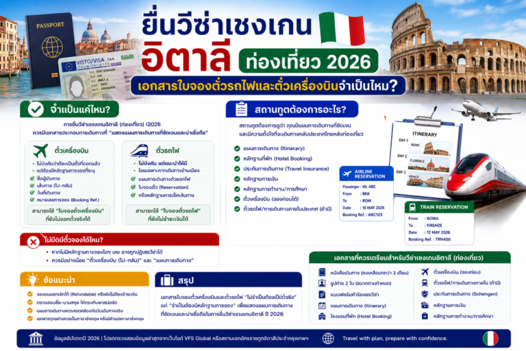 ยื่นวีซ่าเชงเกนอิตาลี ท่องเที่ยว 2026 เอกสารใบจองตั๋วรถไฟและตั๋วเครื่องบินจำเป็นไหม ยื่นวีซ่าเชงเกนอิตาลี ท่องเที่ยว 2026 เอกสารใบจองตั๋วรถไฟและตั๋วเครื่องบินจำเป็นไหม