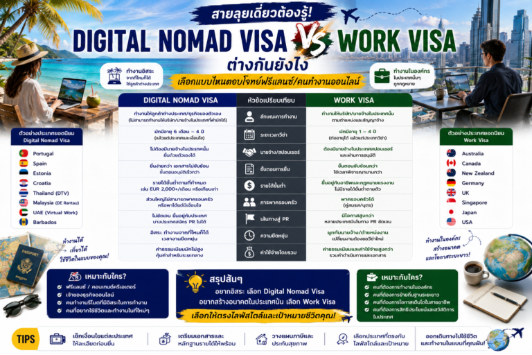 สายลุยเดี่ยวต้องรู้! Digital Nomad Visa vs Work Visa ต่างกันยังไง เลือกแบบไหนตอบโจทย์ฟรีแลนซ์/คนทำงานออนไลน์ สายลุยเดี่ยวต้องรู้! Digital Nomad Visa vs Work Visa ต่างกันยังไง เลือกแบบไหนตอบโจทย์ฟรีแลนซ์/คนทำงานออนไลน์