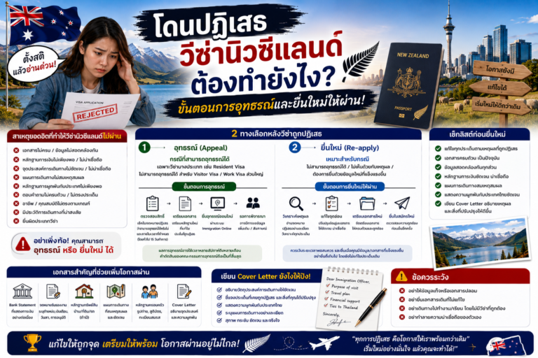 ตั้งสติแล้วอ่านด่วน! โดนปฏิเสธวีซ่านิวซีแลนด์ต้องทำยังไง ขั้นตอนการอุทธรณ์และยื่นใหม่ให้ผ่าน ตั้งสติแล้วอ่านด่วน! โดนปฏิเสธวีซ่านิวซีแลนด์ต้องทำยังไง ขั้นตอนการอุทธรณ์และยื่นใหม่ให้ผ่าน