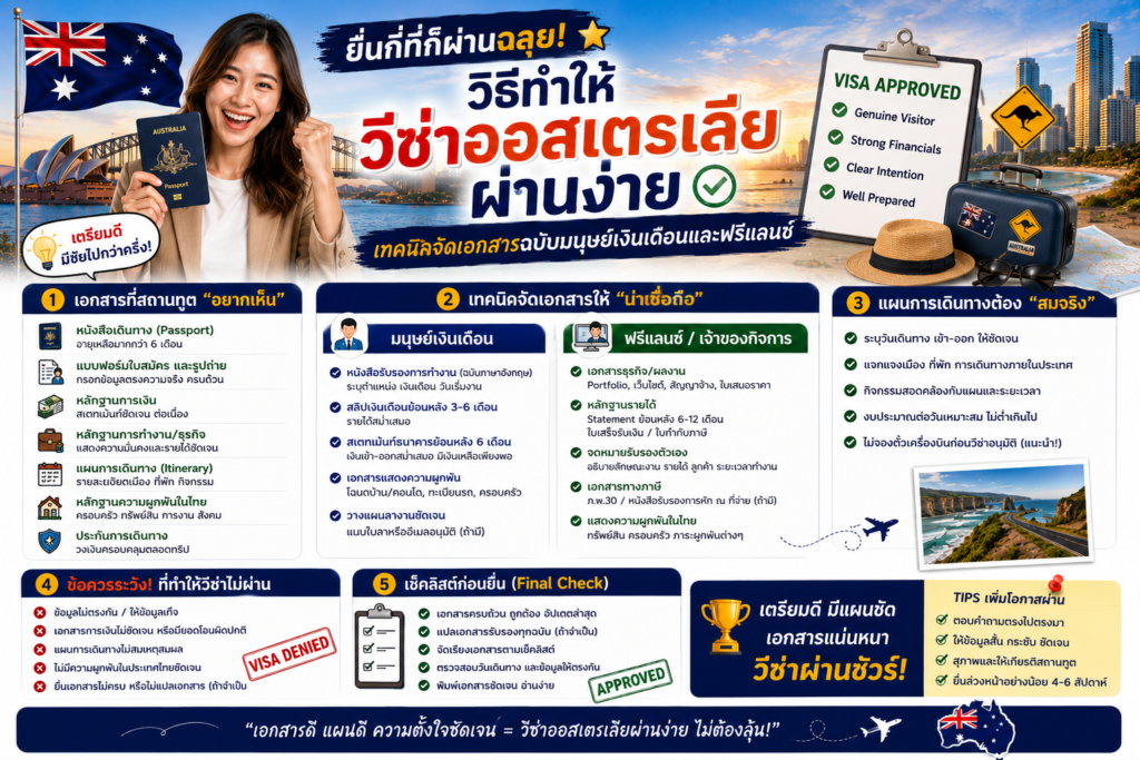 ยื่นกี่ทีก็ผ่านฉลุย: วิธีทำให้วีซ่าออสเตรเลียผ่านง่าย เทคนิคจัดเอกสารฉบับมนุษย์เงินเดือนและฟรีแลนซ์