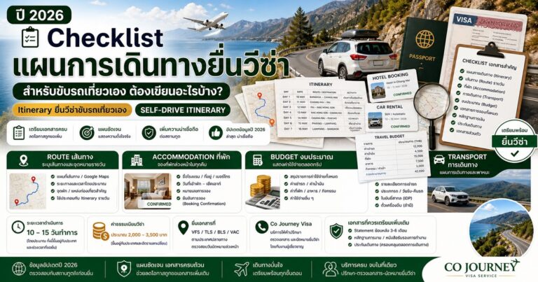 แจก Checklist แผนการเดินทาง (Itinerary) สำหรับยื่นวีซ่าขับรถเที่ยวเอง ต้องเขียนอะไรบ้าง? รูปปกบทความ Checklist แผนการเดินทาง (Itinerary) สำหรับยื่นวีซ่าขับรถเที่ยวเอง ต้องเขียนอะไรบ้าง โดย Co Journey Visa