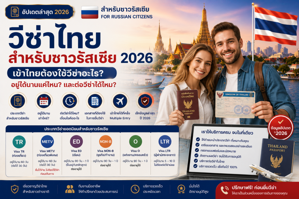 วีซ่าไทยสำหรับชาวรัสเซีย 2026: เข้าไทยต้องใช้วีซ่าอะไร อยู่ได้นานแค่ไหน และต่อวีซ่าได้ไหม