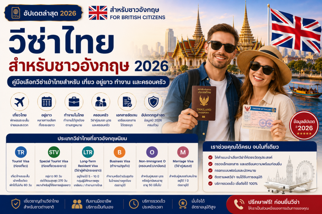 วีซ่าไทยสำหรับชาวอังกฤษ 2026: คู่มือเลือกวีซ่าเข้าไทยสำหรับเที่ยว อยู่ยาว ทำงาน และครอบครัว