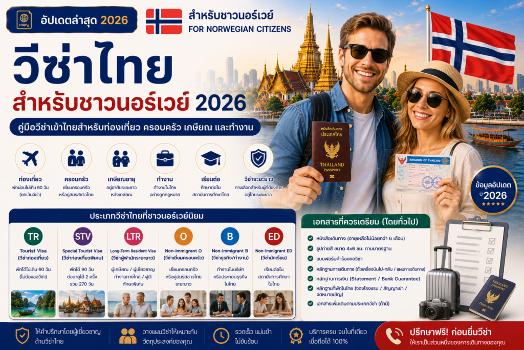 วีซ่าไทยสำหรับชาวนอร์เวย์ 2026: คู่มือวีซ่าเข้าไทยสำหรับท่องเที่ยว ครอบครัว เกษียณ และทำงาน