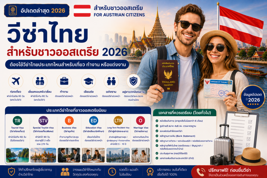 วีซ่าไทยสำหรับชาวออสเตรีย 2026: ต้องใช้วีซ่าไทยประเภทไหนสำหรับเที่ยว ทำงาน หรือแต่งงาน