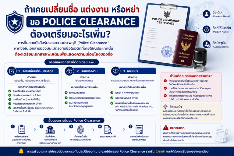 ถ้าเคยเปลี่ยนชื่อ แต่งงาน หรือหย่า ขอ Police Clearance ต้องเตรียมอะไรเพิ่ม