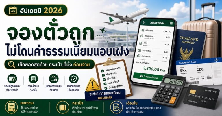 รูปปกบทความ วิธีจองตั๋วเครื่องบินราคาถูก แบบไม่โดนค่าธรรมเนียมแอบแฝง ต้องเช็กอะไรบนหน้าจ่ายเงิน โดย Co Journey Visa