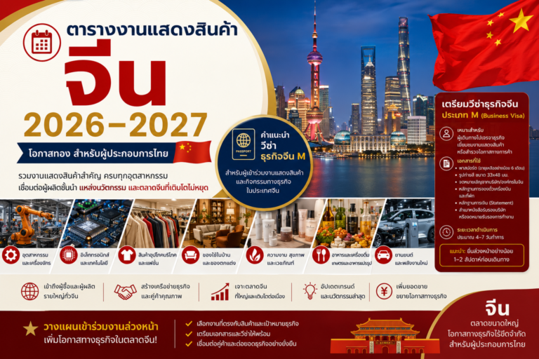ตารางงานแสดงสินค้าจีน 2026–2027 พร้อมข้อมูลเตรียมวีซ่าธุรกิจ ตารางงานแสดงสินค้าจีน 2026–2027 พร้อมข้อมูลเตรียมวีซ่าธุรกิจ