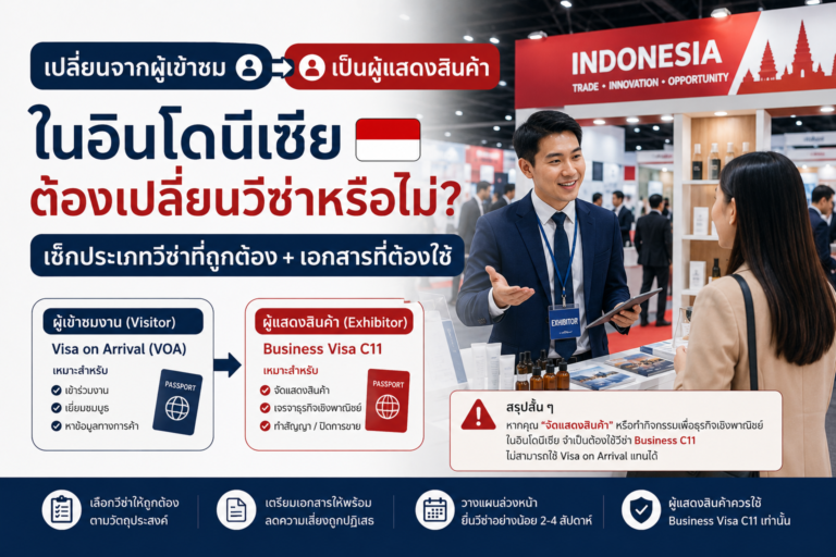 เปลี่ยนจากผู้เข้าชมเป็นผู้แสดงสินค้าในอินโดนีเซีย ต้องเปลี่ยนประเภทวีซ่าหรือไม่ เปลี่ยนจากผู้เข้าชมเป็นผู้แสดงสินค้าในอินโดนีเซีย ต้องเปลี่ยนประเภทวีซ่าหรือไม่