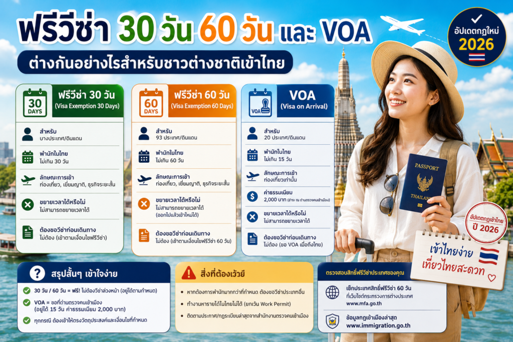 ฟรีวีซ่า 30 วัน 60 วัน และ VOA ต่างกันอย่างไรสำหรับชาวต่างชาติเข้าไทย