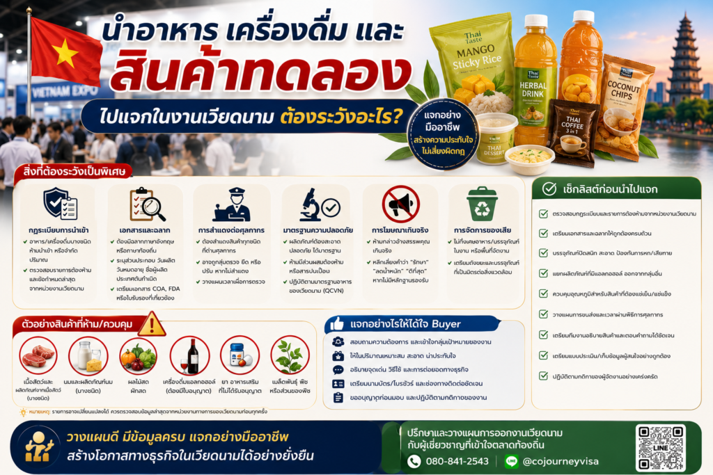 นำอาหาร เครื่องดื่ม และสินค้าทดลองไปแจกในงานเวียดนาม ต้องระวังอะไร