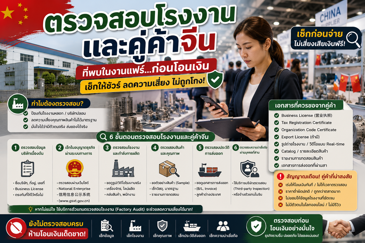 ตรวจสอบโรงงานและคู่ค้าจีนที่พบในงานแฟร์ก่อนโอนเงินอย่างไร