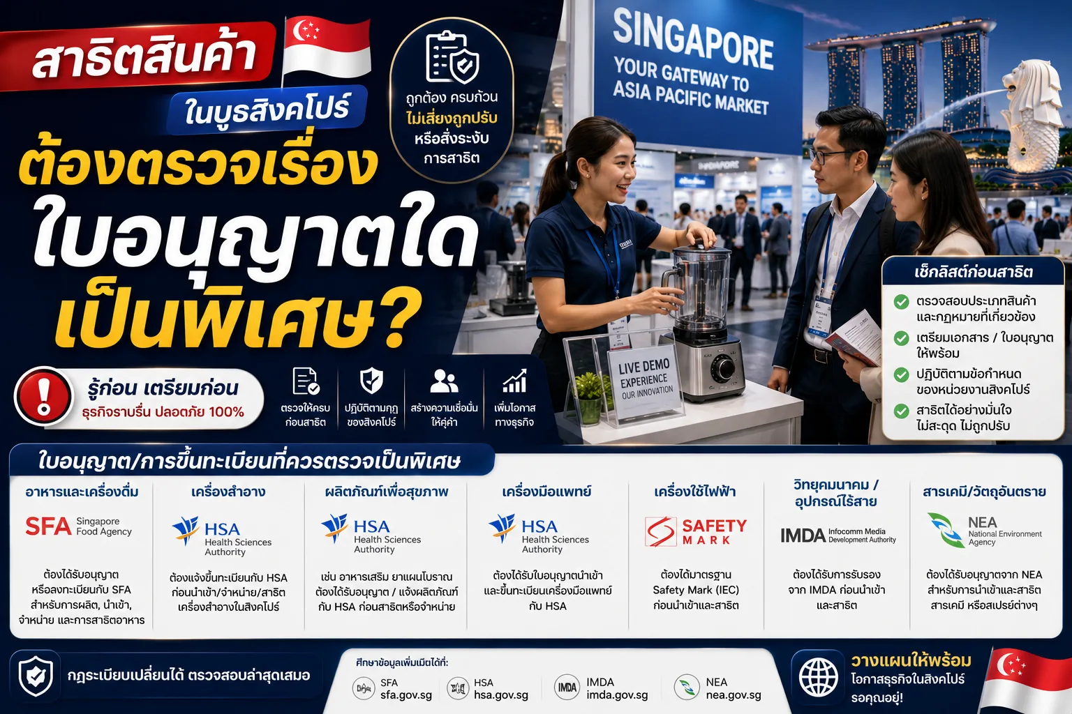 สาธิตสินค้าในบูธสิงคโปร์ ต้องตรวจเรื่องใบอนุญาตใดเป็นพิเศษ