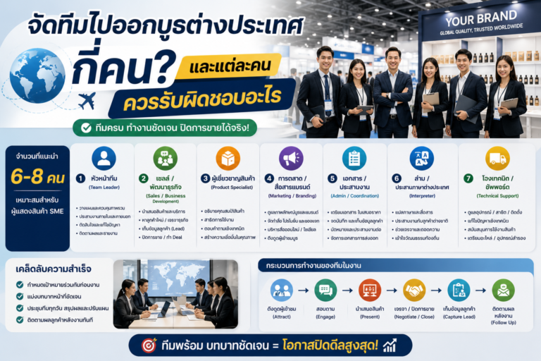 จัดทีมไปออกบูธต่างประเทศกี่คน และแต่ละคนควรรับผิดชอบอะไร จัดทีมไปออกบูธต่างประเทศกี่คน และแต่ละคนควรรับผิดชอบอะไร