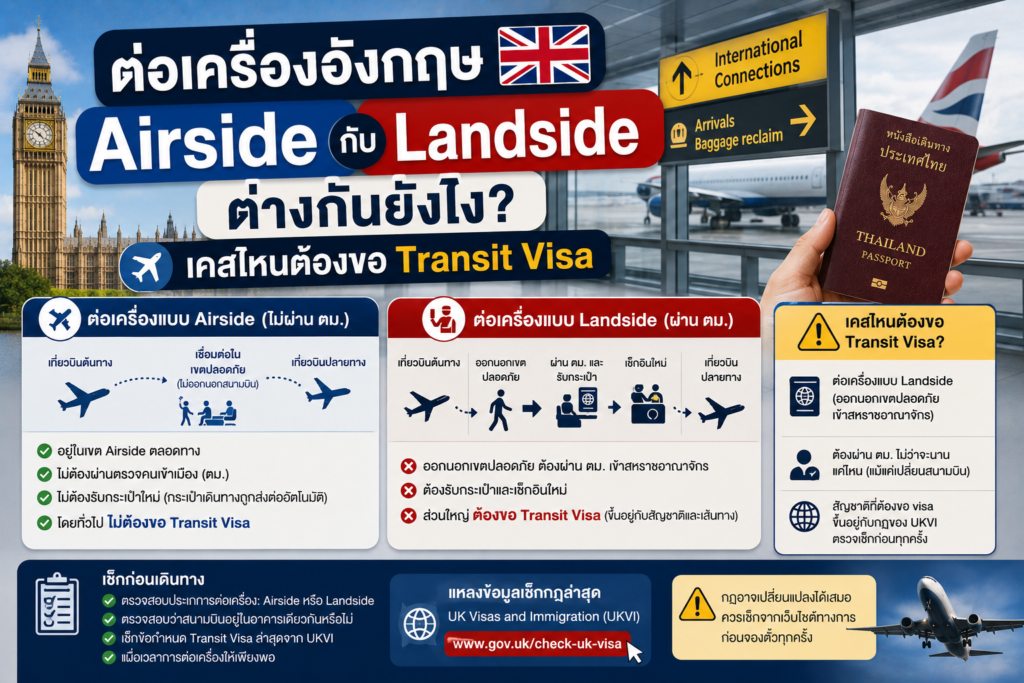 ต่อเครื่องอังกฤษแบบ Airside กับ Landside ต่างกันยังไง และเคสไหนต้องขอ Transit Visa