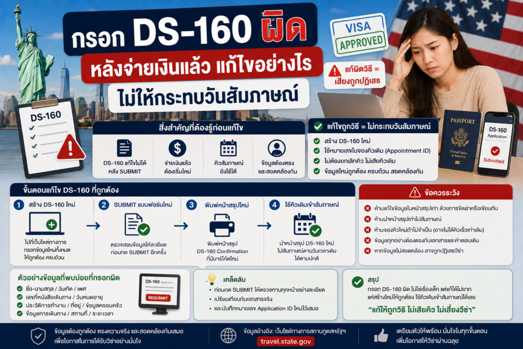กรอก DS-160 ผิดหลังจ่ายเงินแล้ว แก้ไขอย่างไรไม่ให้กระทบวันสัมภาษณ์