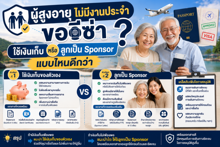 ผู้สูงอายุไม่มีงานประจำขอวีซ่า ใช้เงินเก็บหรือลูกเป็น Sponsor แบบไหนดีกว่า ผู้สูงอายุไม่มีงานประจำขอวีซ่า ใช้เงินเก็บหรือลูกเป็น Sponsor แบบไหนดีกว่า