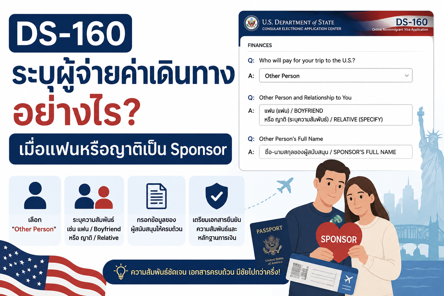 DS-160 ระบุผู้จ่ายค่าเดินทางอย่างไร เมื่อแฟนหรือญาติเป็น Sponsor