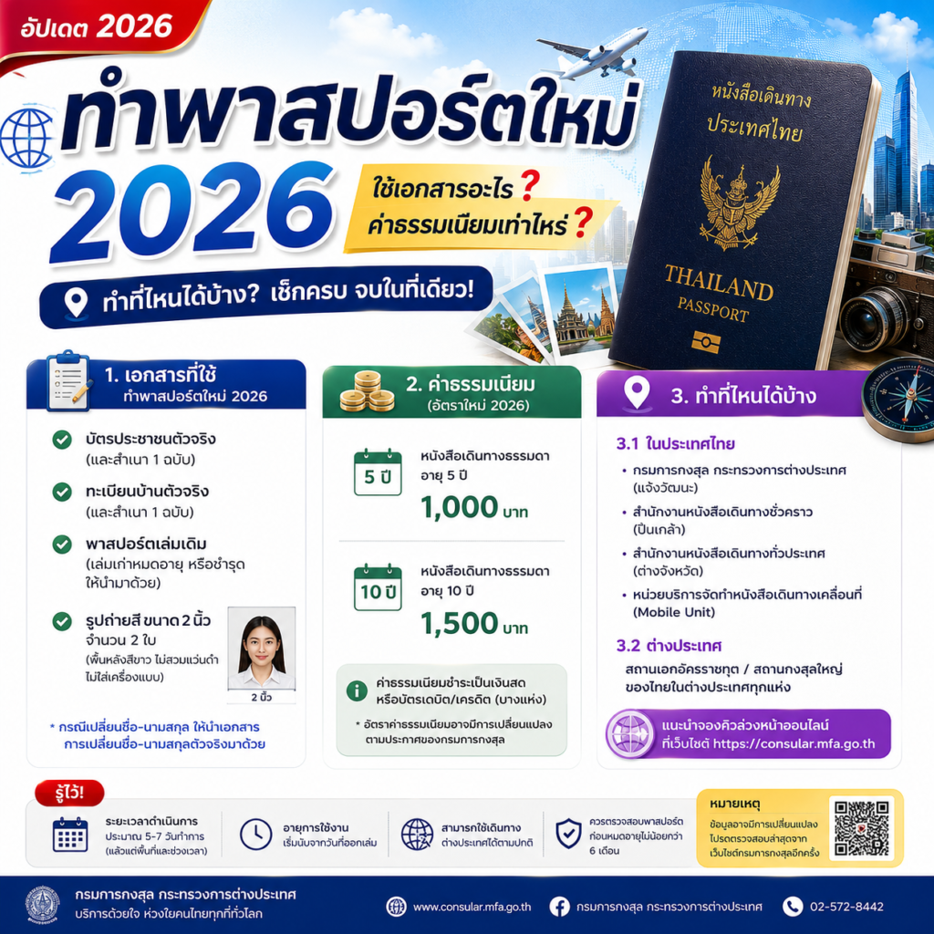 ทำพาสปอร์ตใหม่ 2026 ใช้เอกสารอะไร ค่าธรรมเนียมเท่าไหร่ ทำที่ไหนได้บ้าง