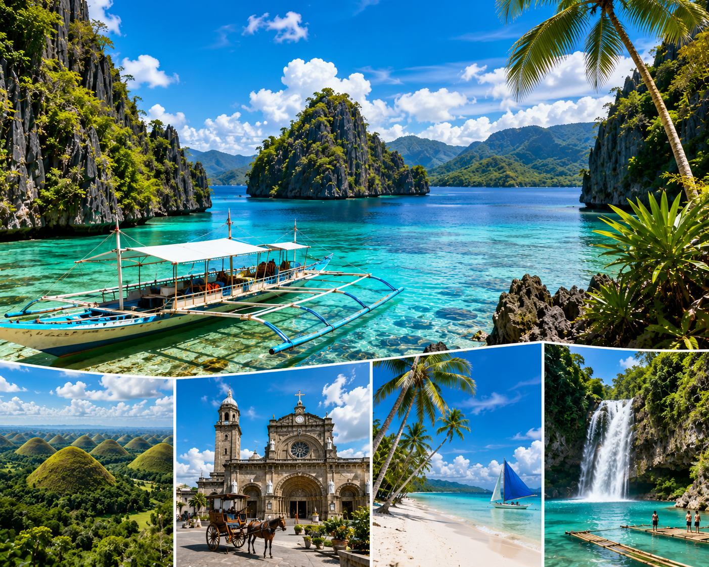 ชายหาดและน้ำทะเลสีฟ้าใสในฟิลิปปินส์ มุมสูงพร้อมเรือพื้นถิ่นและหน้าผาหินปูน