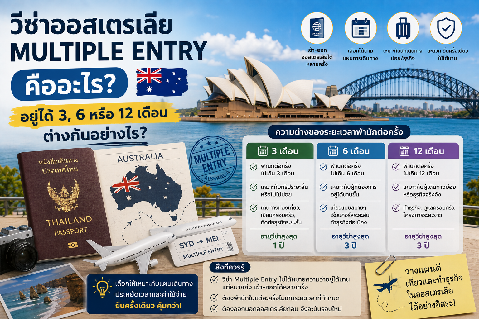 วีซ่าออสเตรเลีย Multiple Entry คืออะไร? อยู่ได้ 3, 6 หรือ 12 เดือนต่างกันอย่างไร