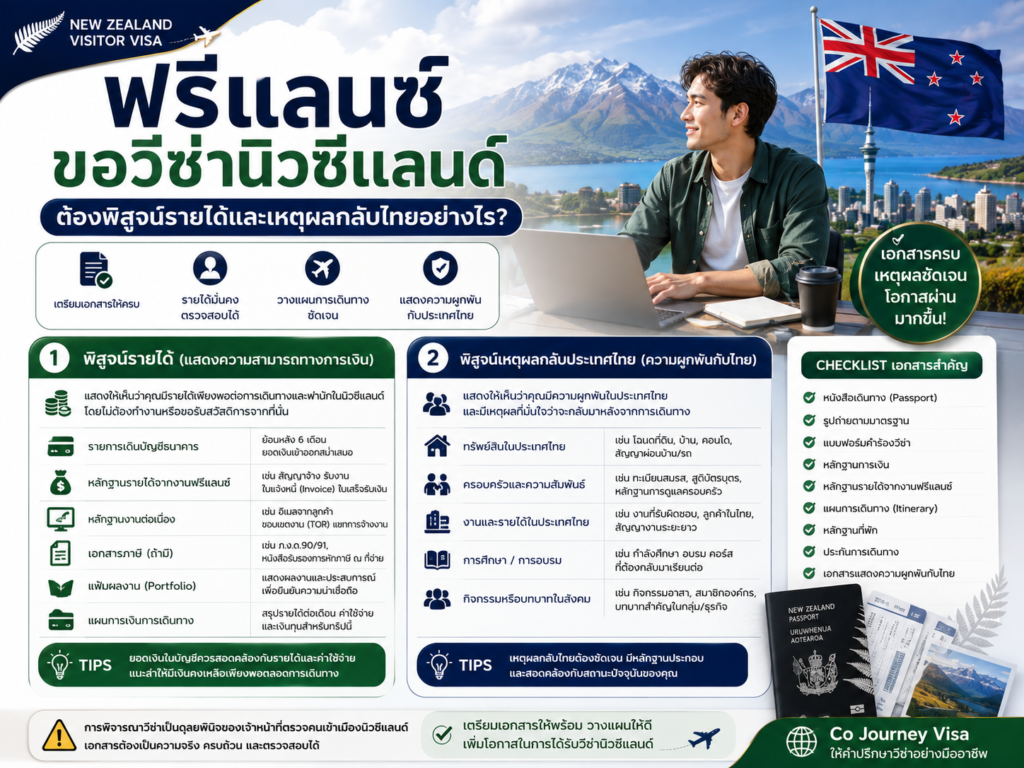ฟรีแลนซ์ขอวีซ่านิวซีแลนด์ ต้องพิสูจน์รายได้และเหตุผลกลับไทยอย่างไร