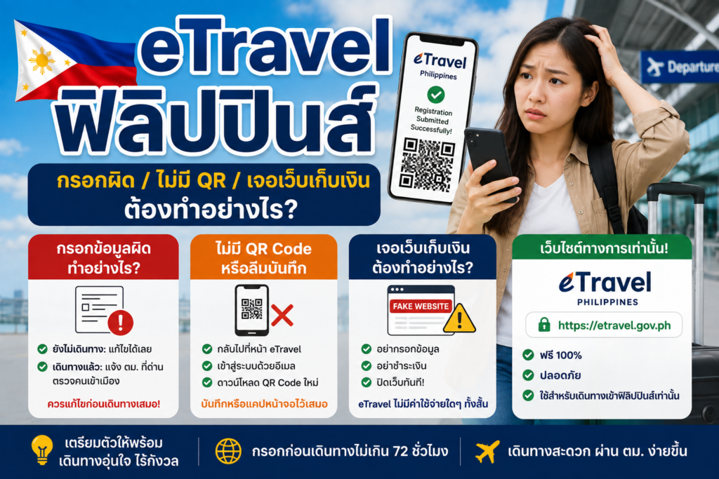 eTravel ฟิลิปปินส์กรอกผิด / ไม่มี QR / เจอเว็บเก็บเงิน ต้องทำอย่างไร