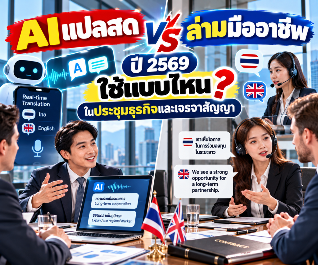 AI แปลสด vs ล่ามมืออาชีพ ปี 2569 ใช้แบบไหนในประชุมธุรกิจและเจรจาสัญญา?