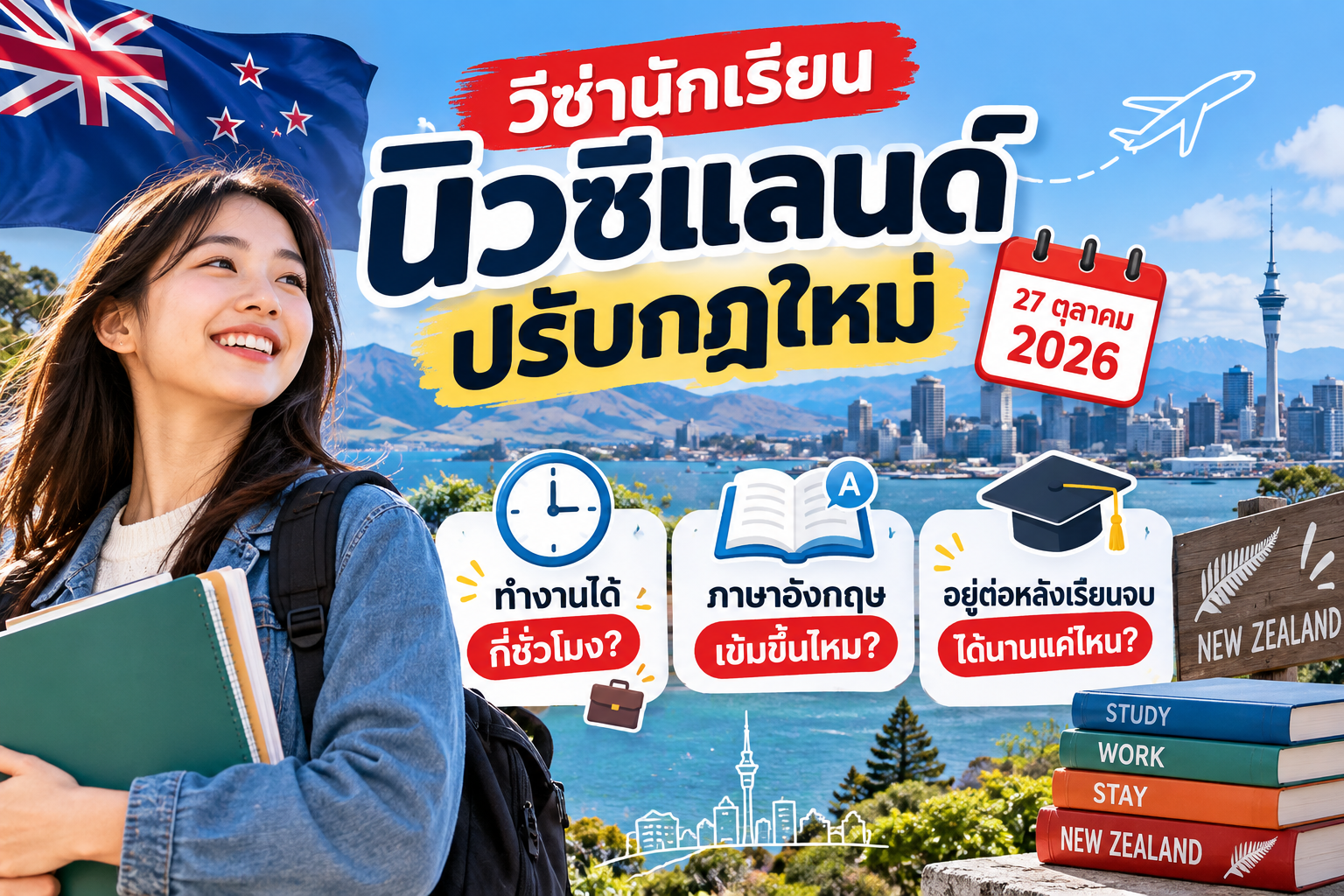 วีซ่านักเรียนนิวซีแลนด์ปรับกฎใหม่ 27 ตุลาคม 2026: ทำงานได้กี่ชั่วโมง ภาษาอังกฤษเข้มขึ้นไหม และอยู่ต่อหลังเรียนจบได้นานแค่ไหน?