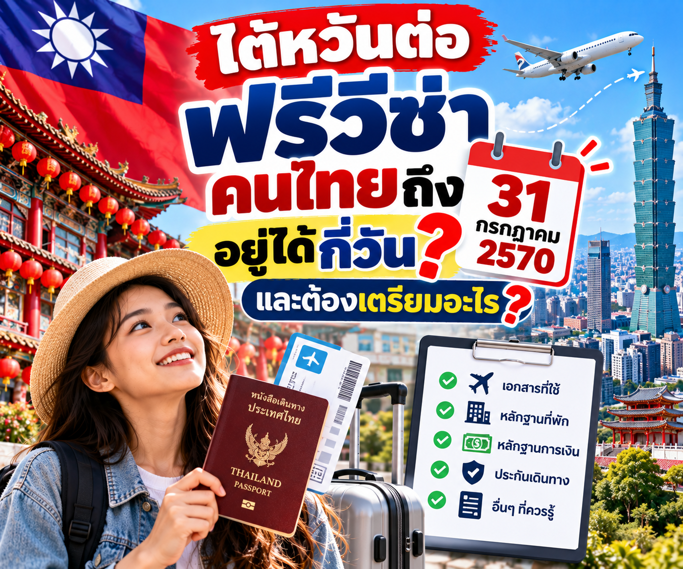 ไต้หวันต่อฟรีวีซ่าคนไทยถึง 31 กรกฎาคม 2570 อยู่ได้กี่วัน และต้องเตรียมอะไร?