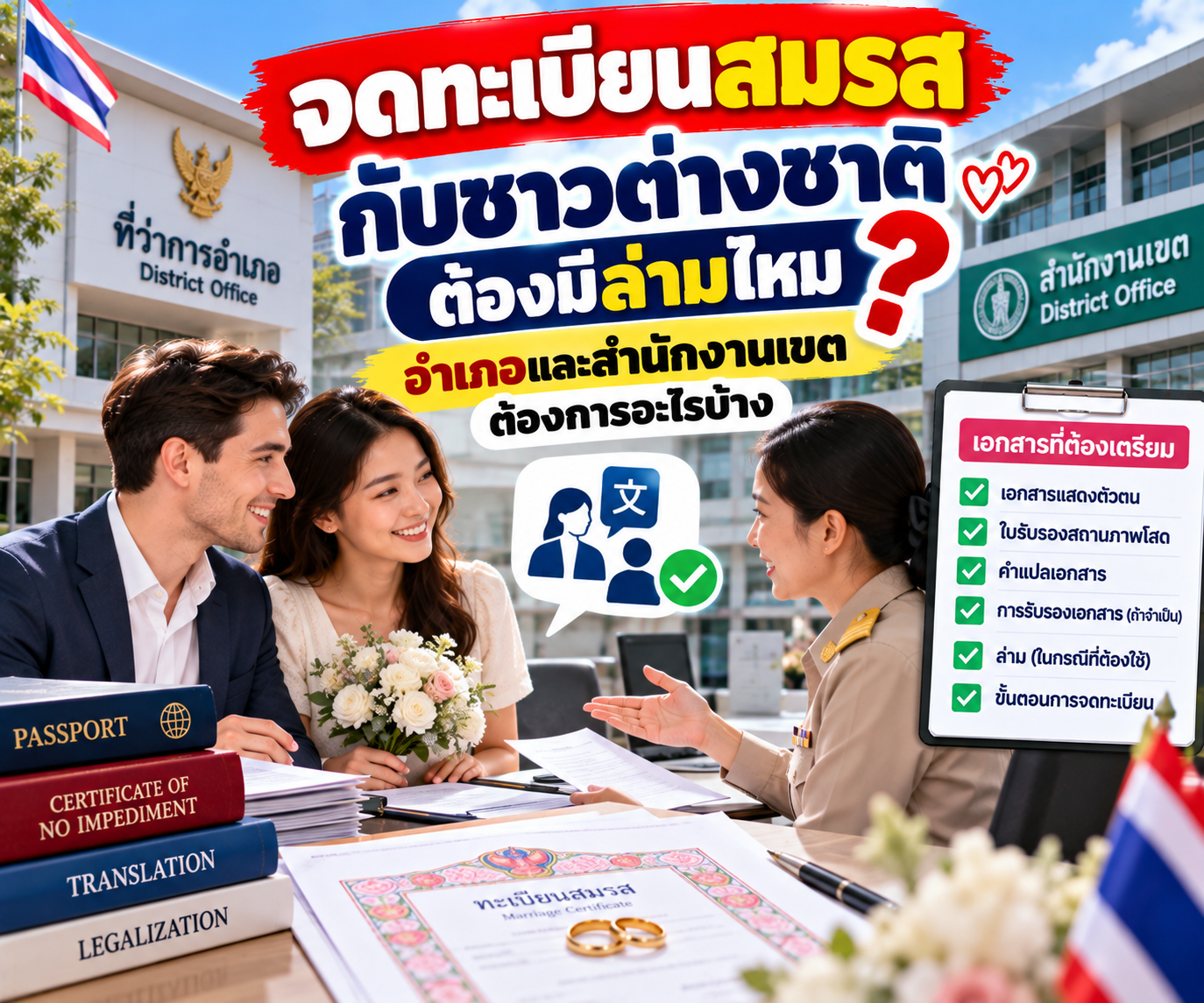 จดทะเบียนสมรสกับชาวต่างชาติ ต้องมีล่ามไหม? อำเภอและสำนักงานเขตต้องการอะไรบ้าง